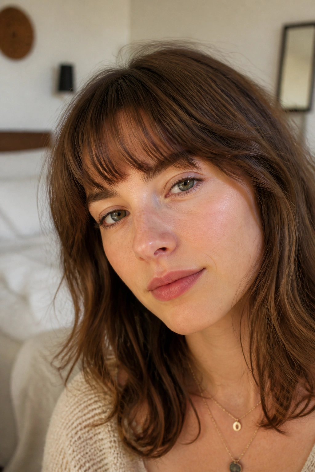 Close-up of a real woman with feather-light brow-skimming fringe in a cozy bedroom