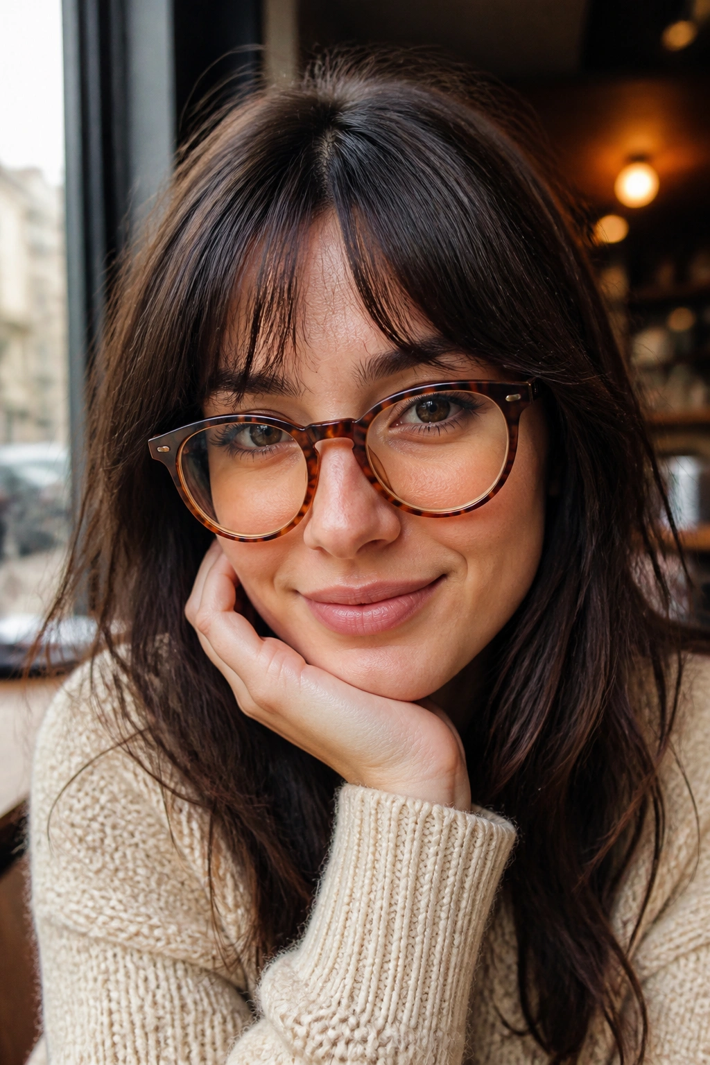 Close-up of a real person wearing glasses with brow-gap bangs