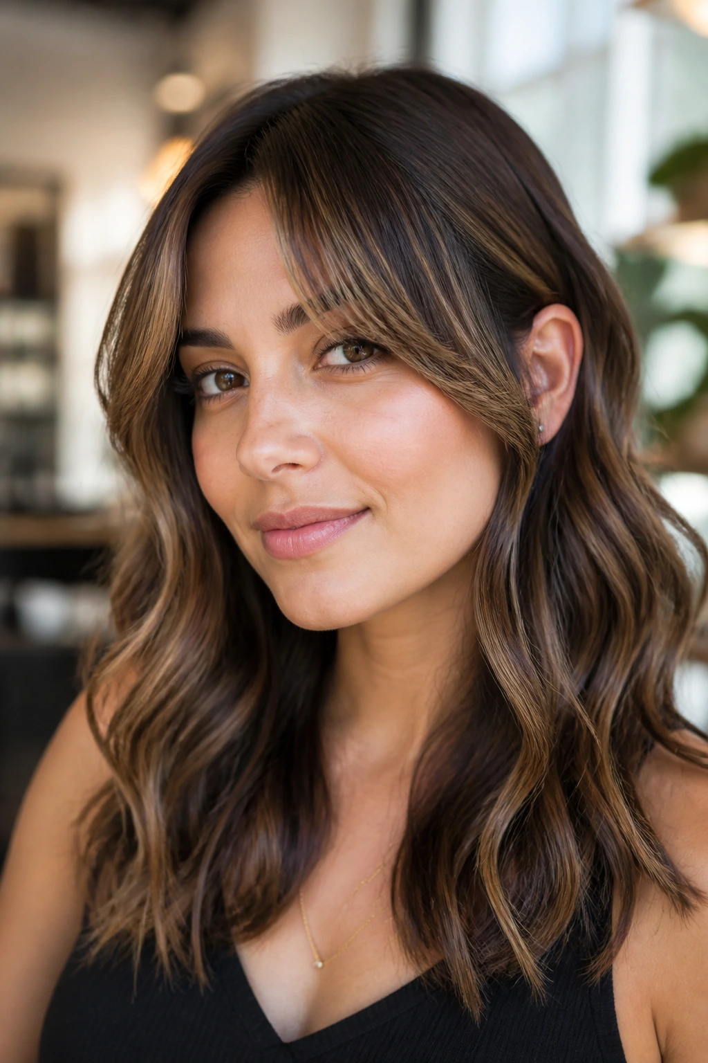 Close-up of a real woman with brow-grazing bright balayage and loose waves in a sunlit salon