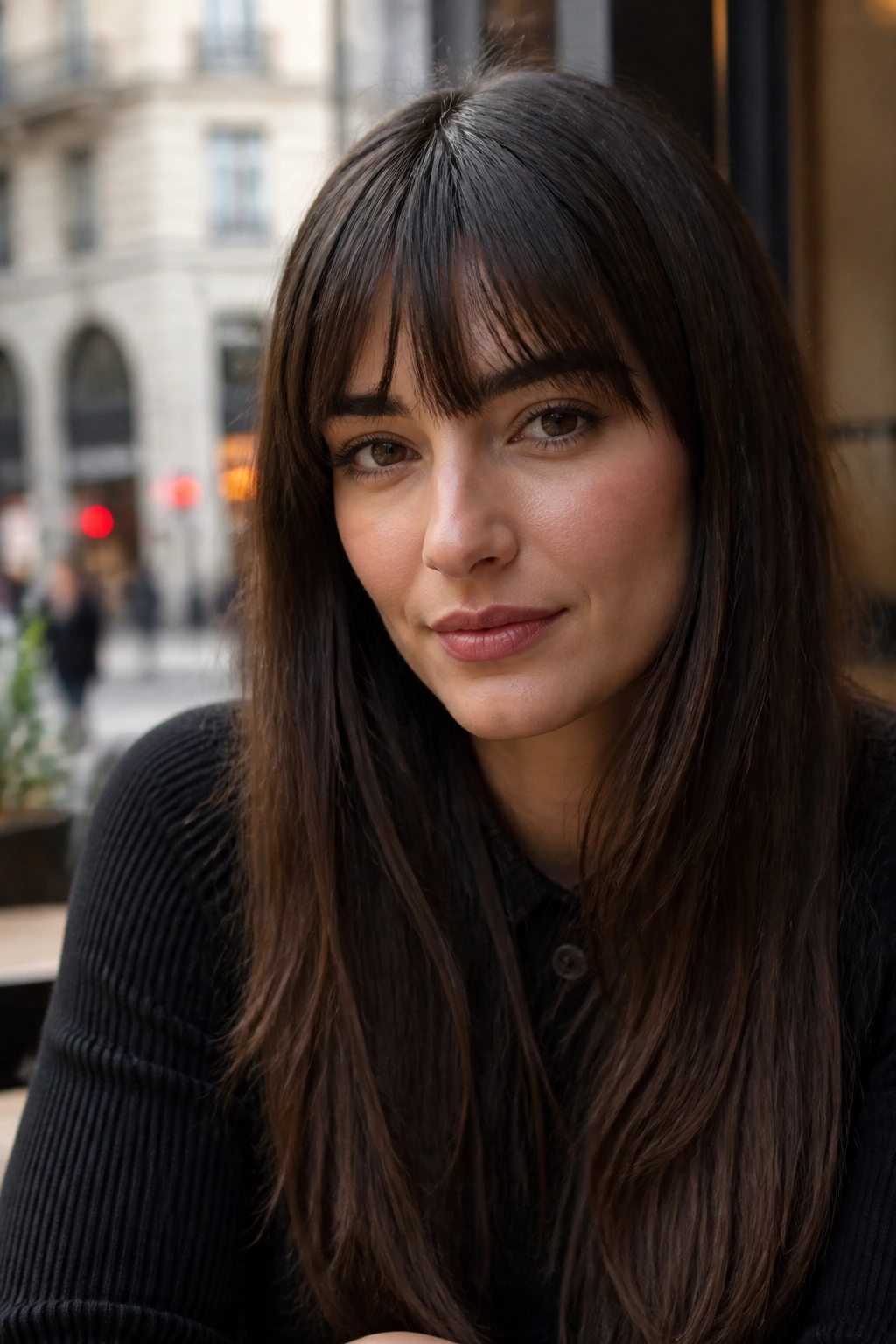 Portrait of a woman with brow-grazing bangs skimming the eyebrows