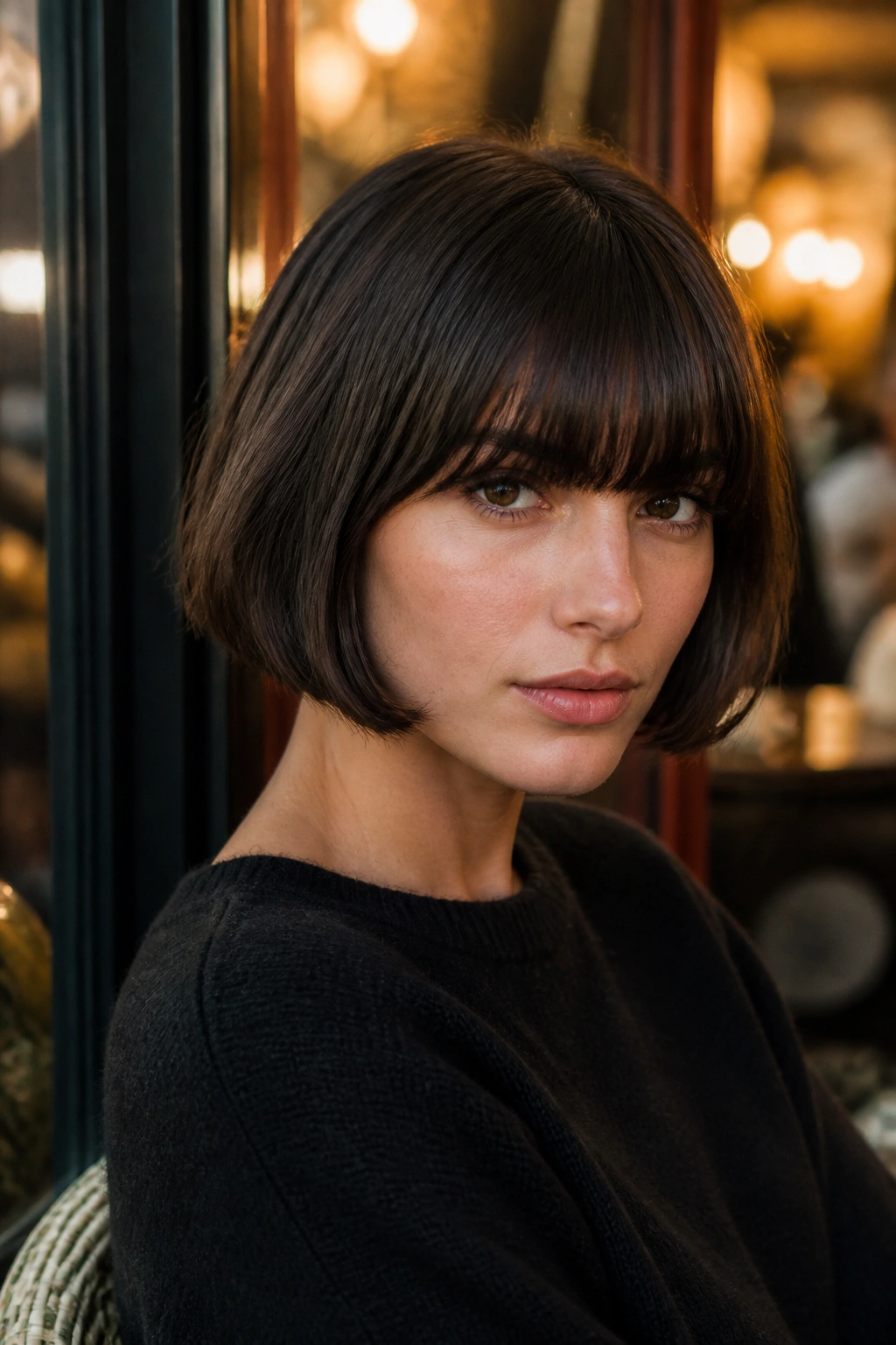 Portrait of a real woman with brow-grazing bangs and French bob