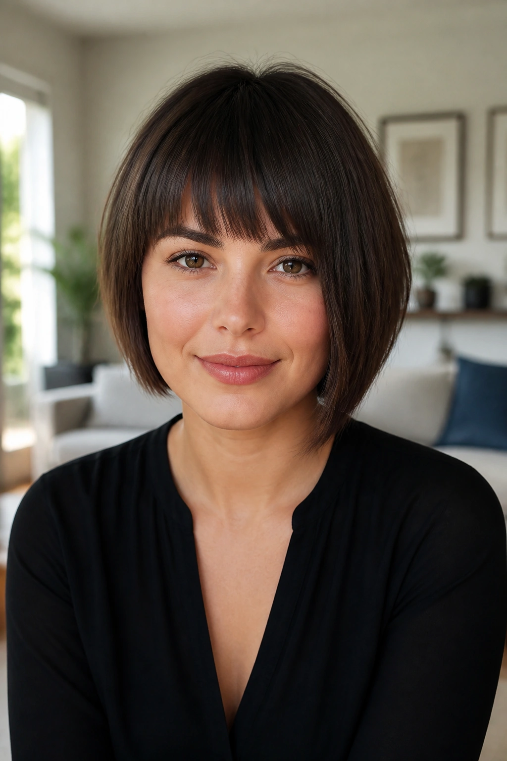 Close-up of a real person with brow-grazing bangs and tapered corner