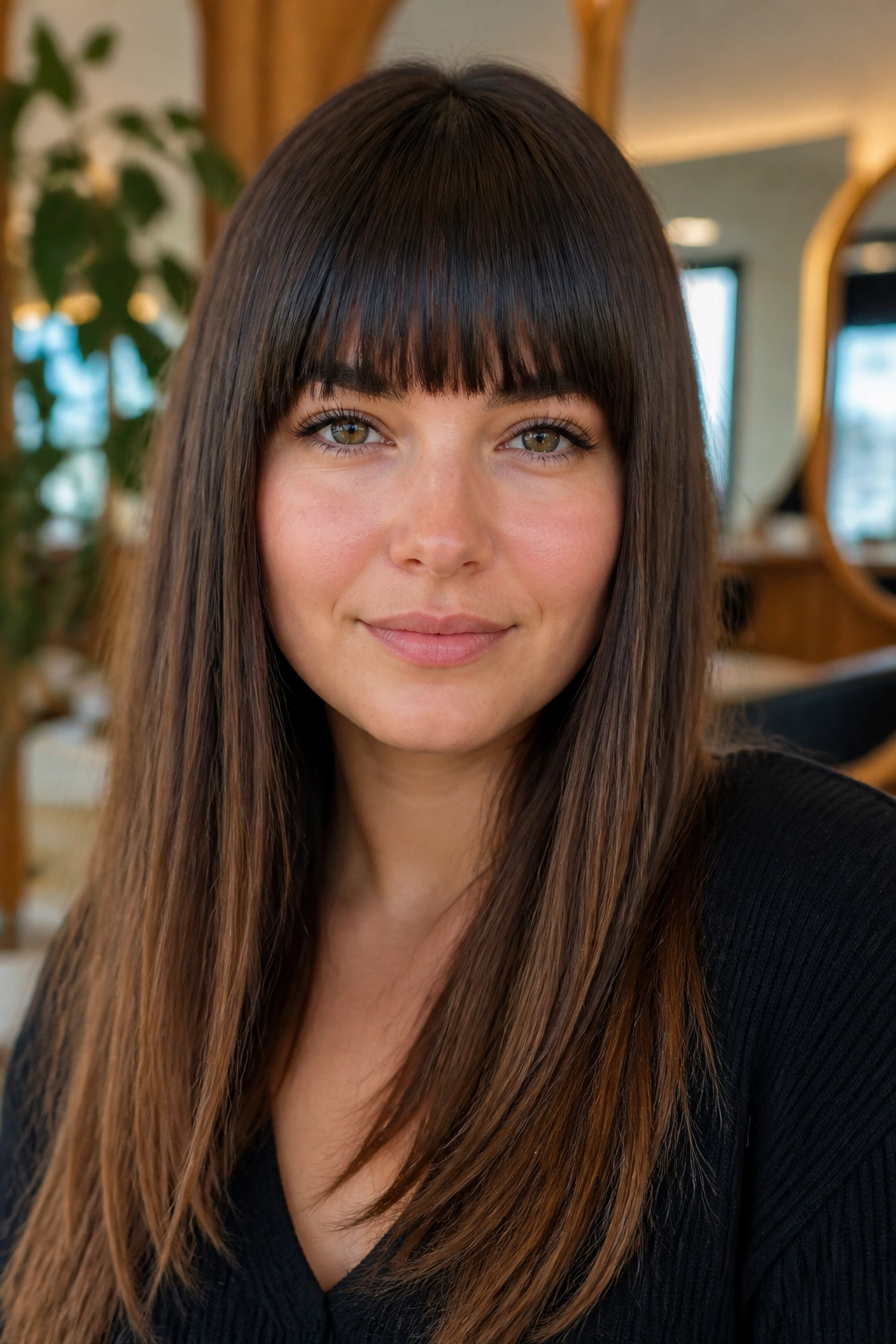 Close-up of a real woman with brow-grazing blunt bangs at brow level in a warm salon