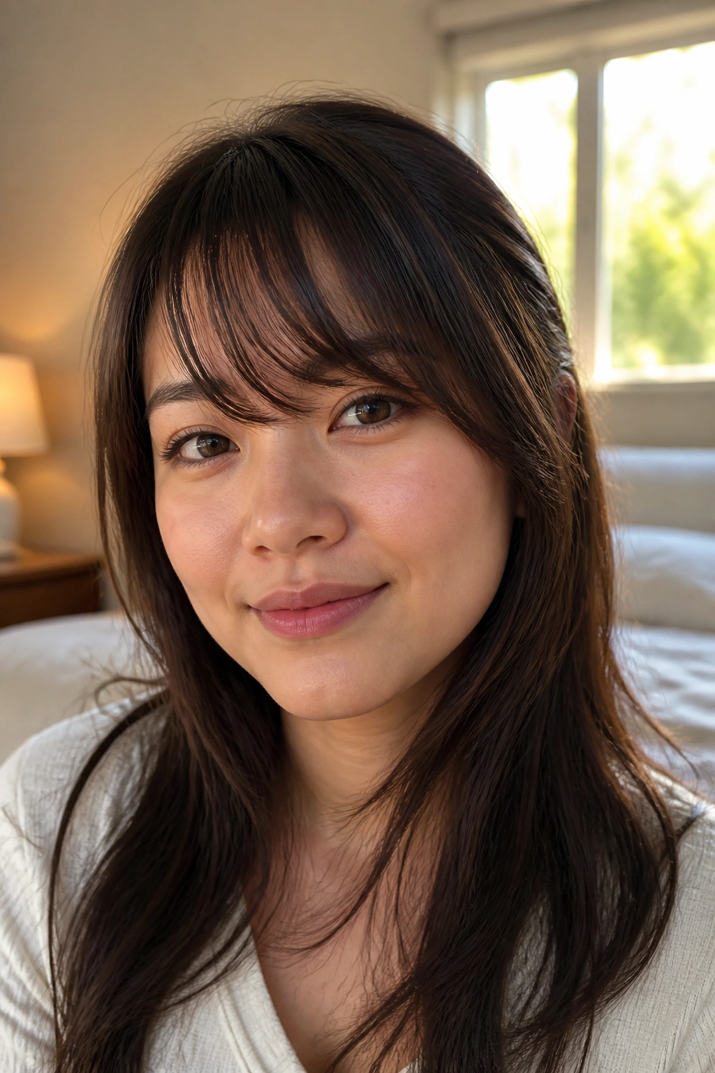 Close-up portrait of a woman with a soft brow-grazing fringe in warm bedroom light