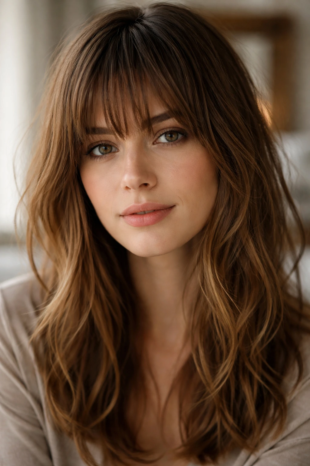 Close-up of a real woman with brow-grazing textured bangs
