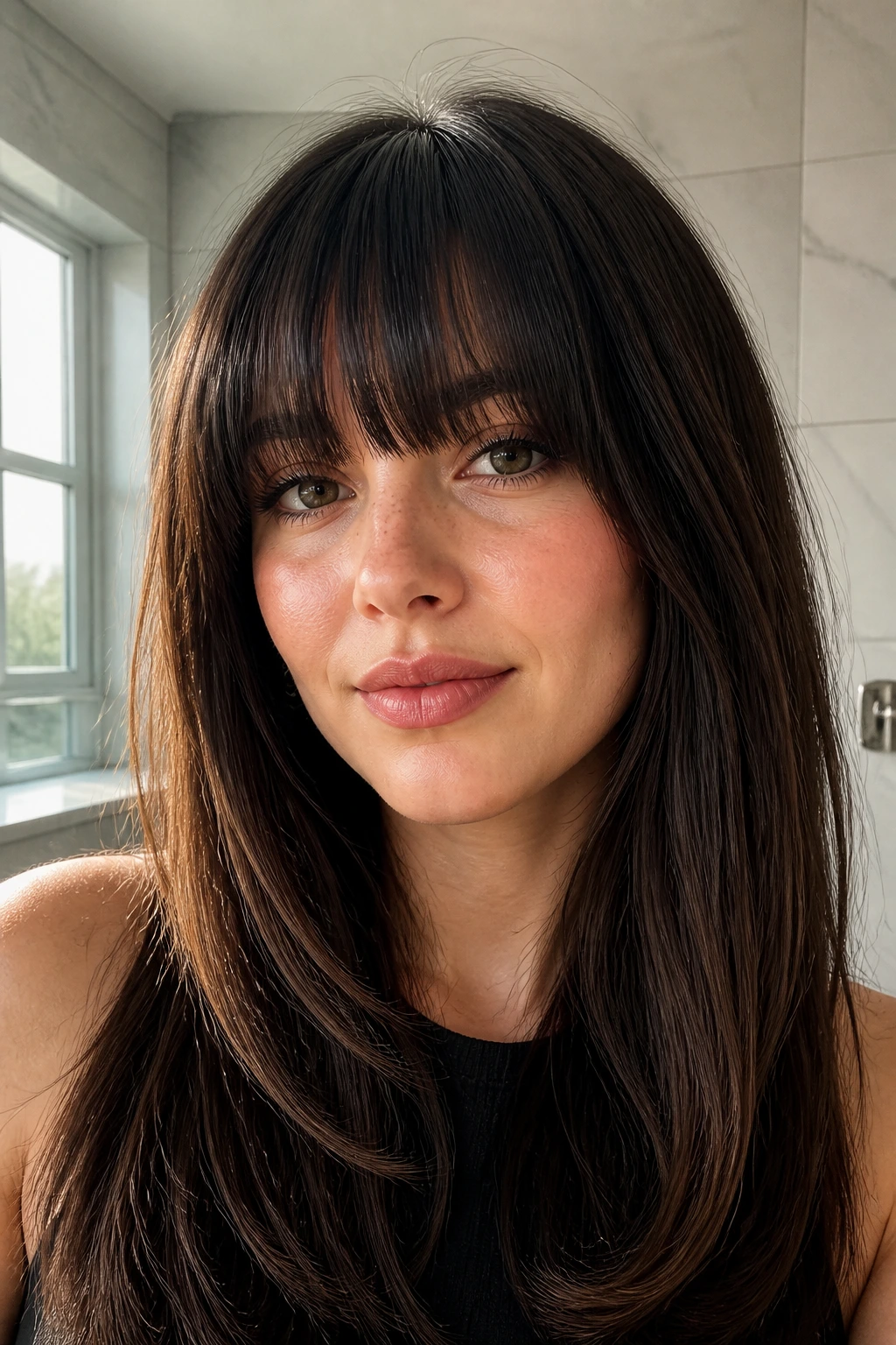Close-up portrait of brow-grazing blunt bangs on a real person with long brunette hair in a bright bathroom