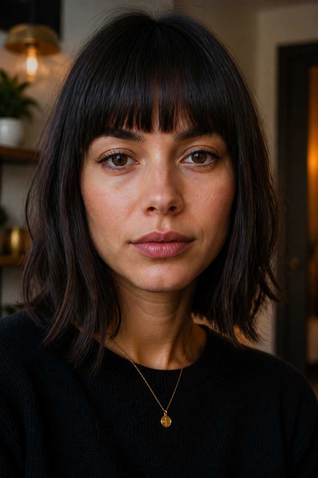 Close-up portrait of real woman with brow-grazing blunt bangs in warm indoor light