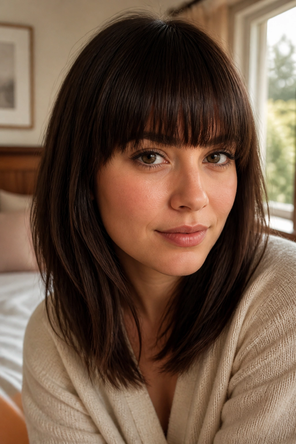 Close-up portrait of a real woman with brow-grazing blunt bangs