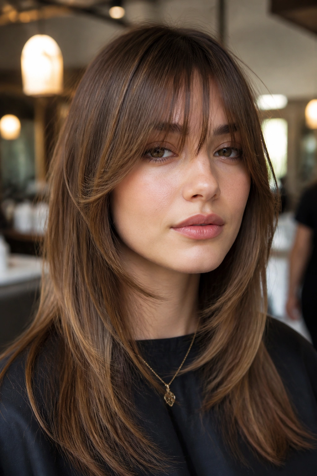 Close-up portrait of a real woman with brow-grazing curtain bangs and long wings