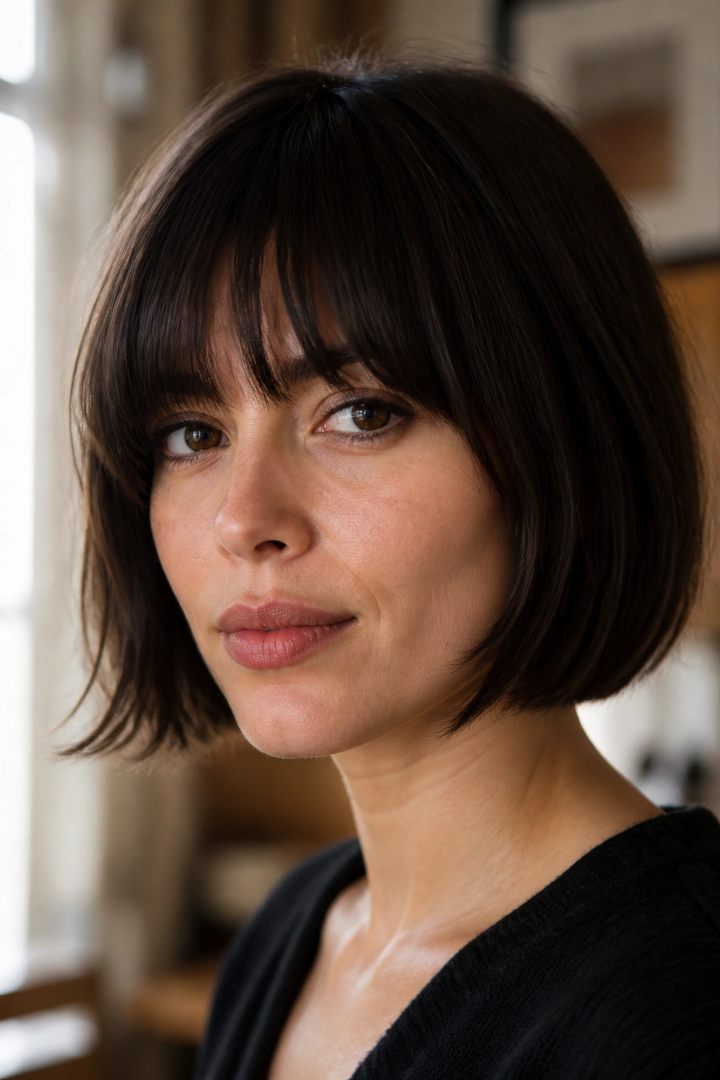Real woman with brow-grazing French bob and soft fringe.
