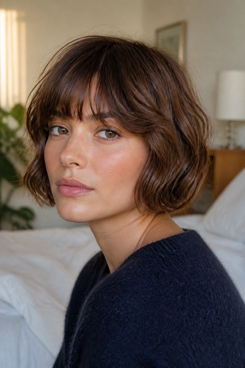 Portrait of a woman with brow-grazing fringe bob near brows.