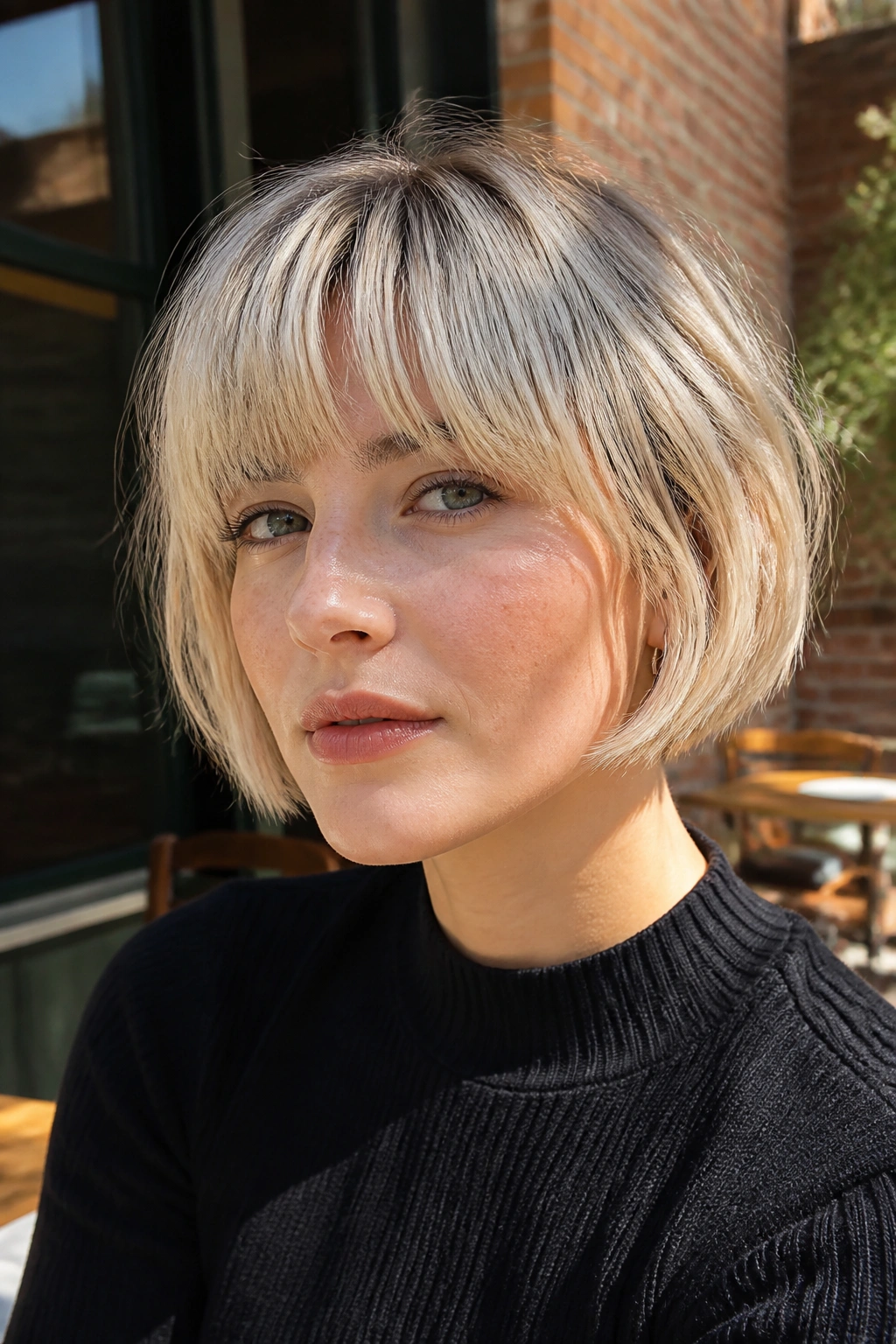 Portrait of a woman with choppy brow-grazing fringe and French bob.