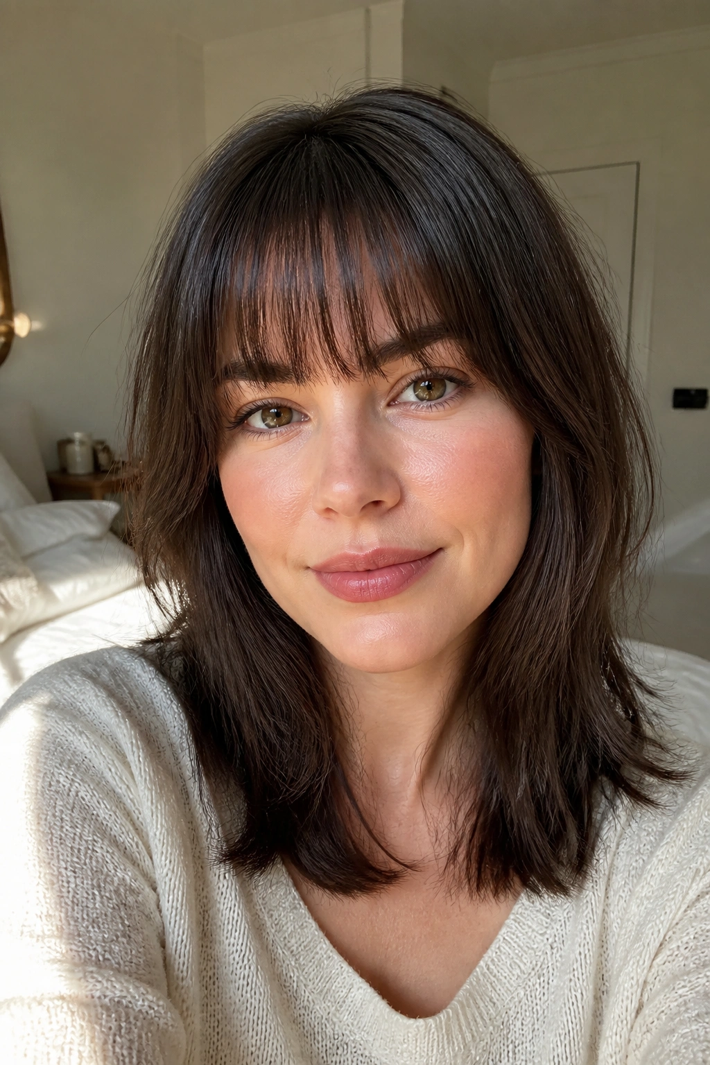 Close-up portrait of a real person with brow-grazing fringe ending at the brows