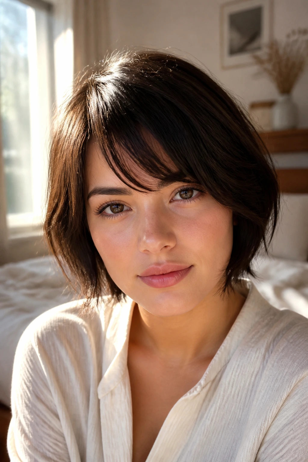 Close-up of a real woman with brow-grazing choppy side bangs in a sunlit bedroom