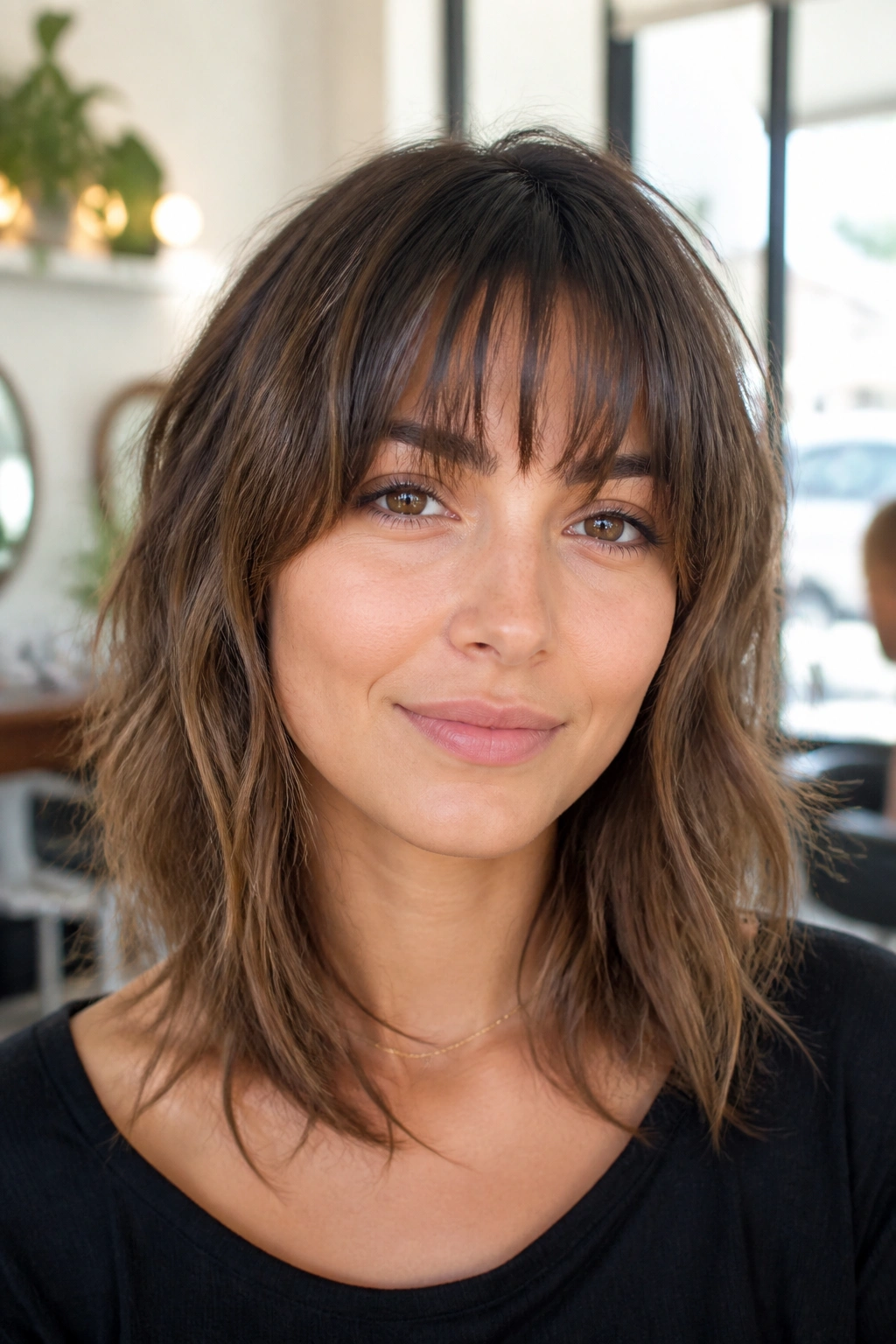 Real woman with brow-grazing textured fringe at the brows in a bright salon