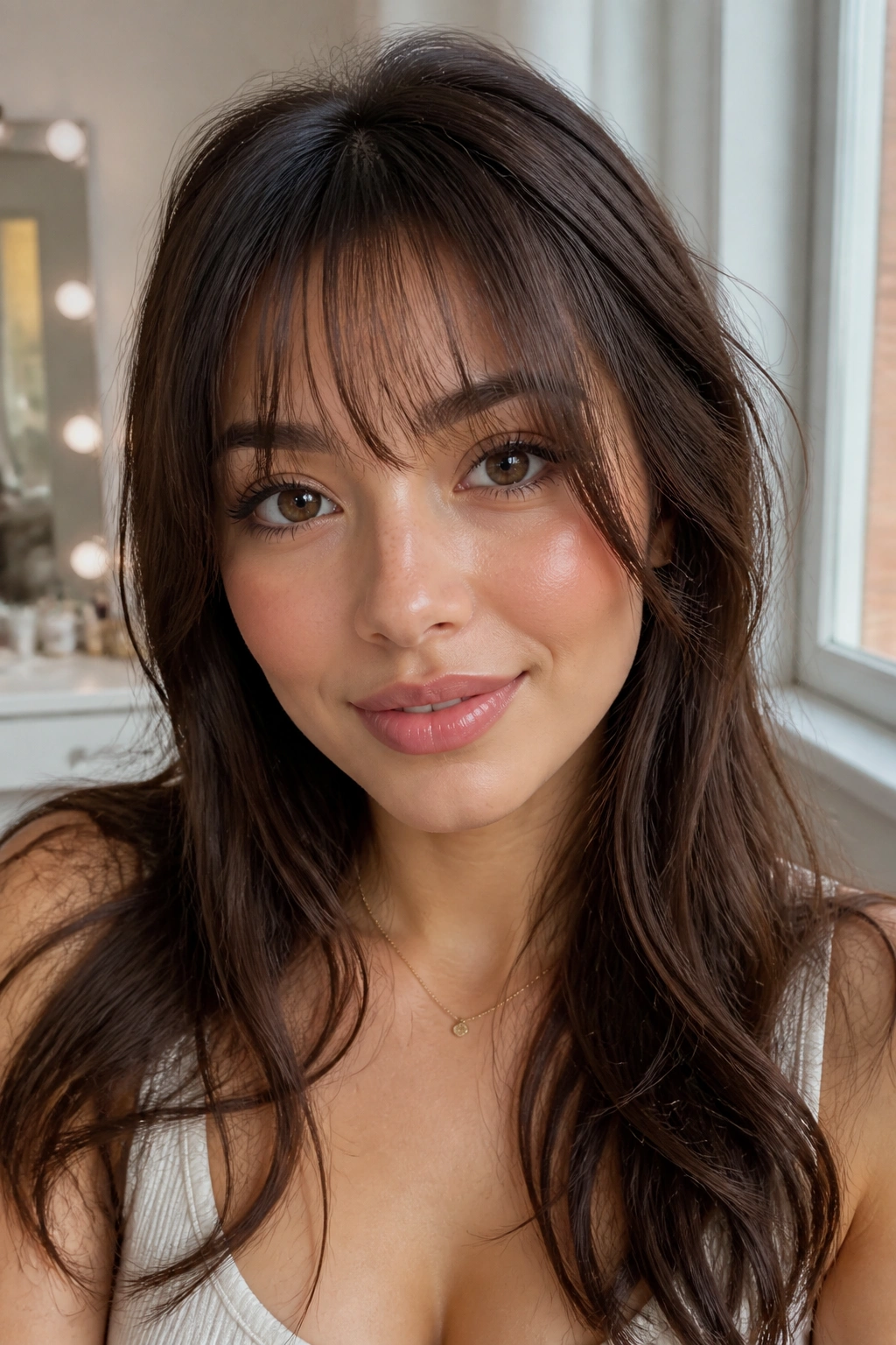 Close-up portrait of a real woman with brow-grazing see-through bangs in a softly lit vanity area