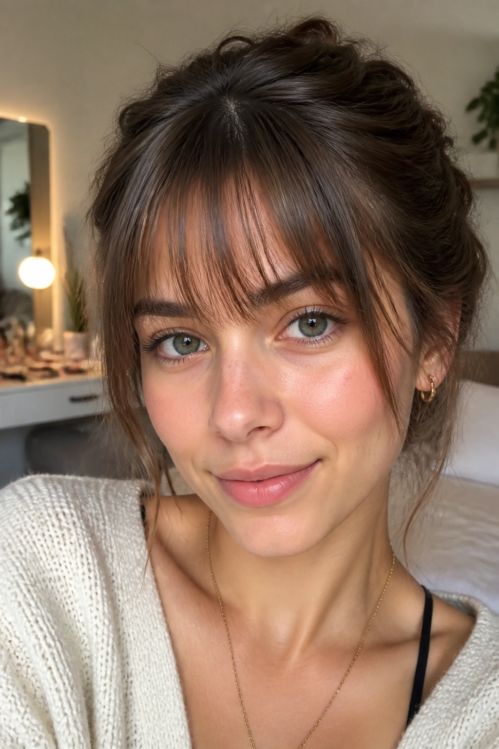 Close-up of a real woman with brow-grazing wispy fringe.