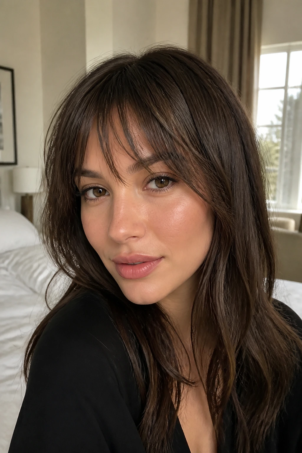 Portrait of woman with choppy brow-skimming bangs in natural light