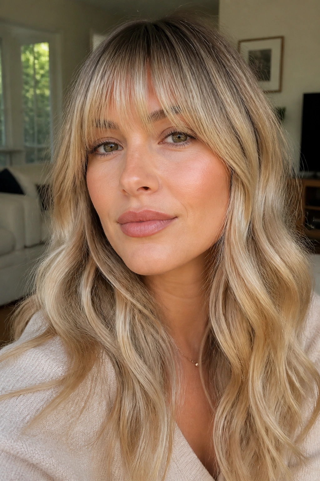 Close-up portrait of a woman with brow-skimming blonde bangs and root shadow.