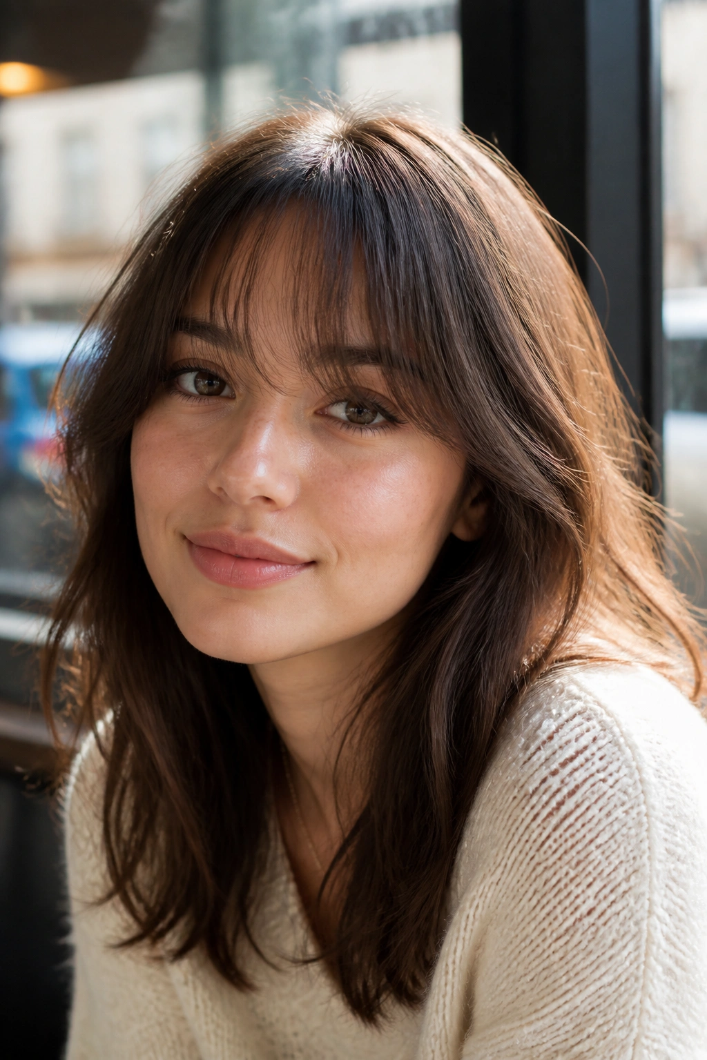Close-up of a woman with brow-skimming curtain bangs in a sunlit cafe setting
