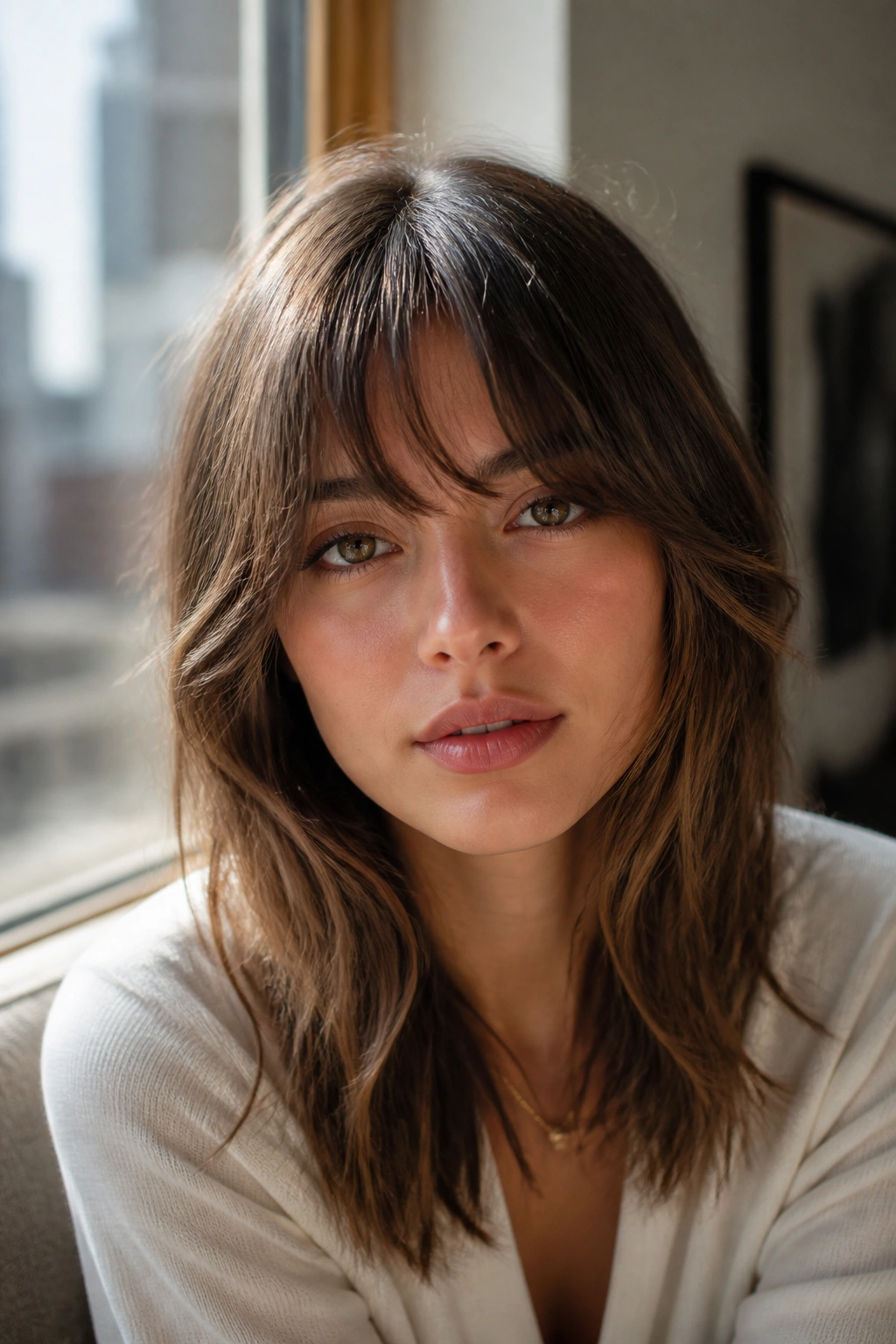Real woman with eyebrow-skimming curtain bangs under natural light