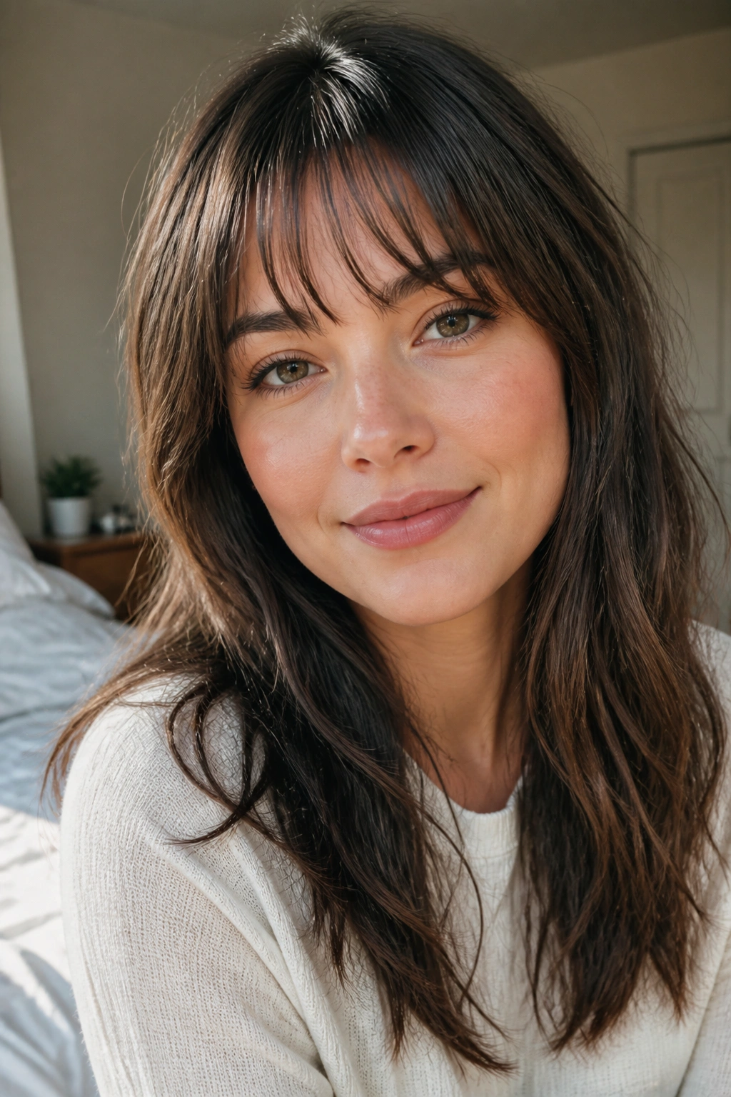 Portrait of a woman with brow-skimming feathered bangs in soft morning light