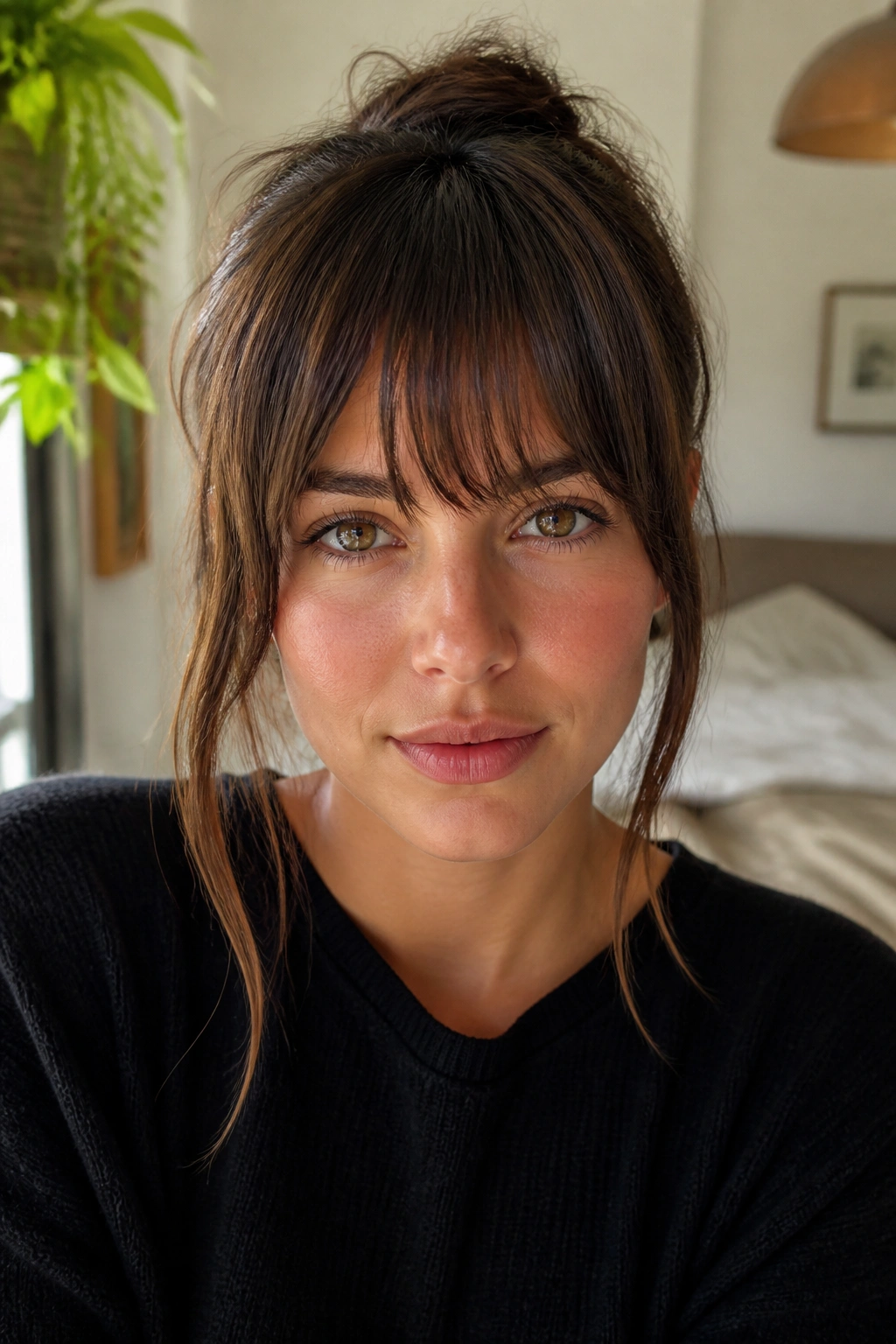 Close-up of a real woman with brow-skimming fringe and face-framing sides at a window-lit bedroom.