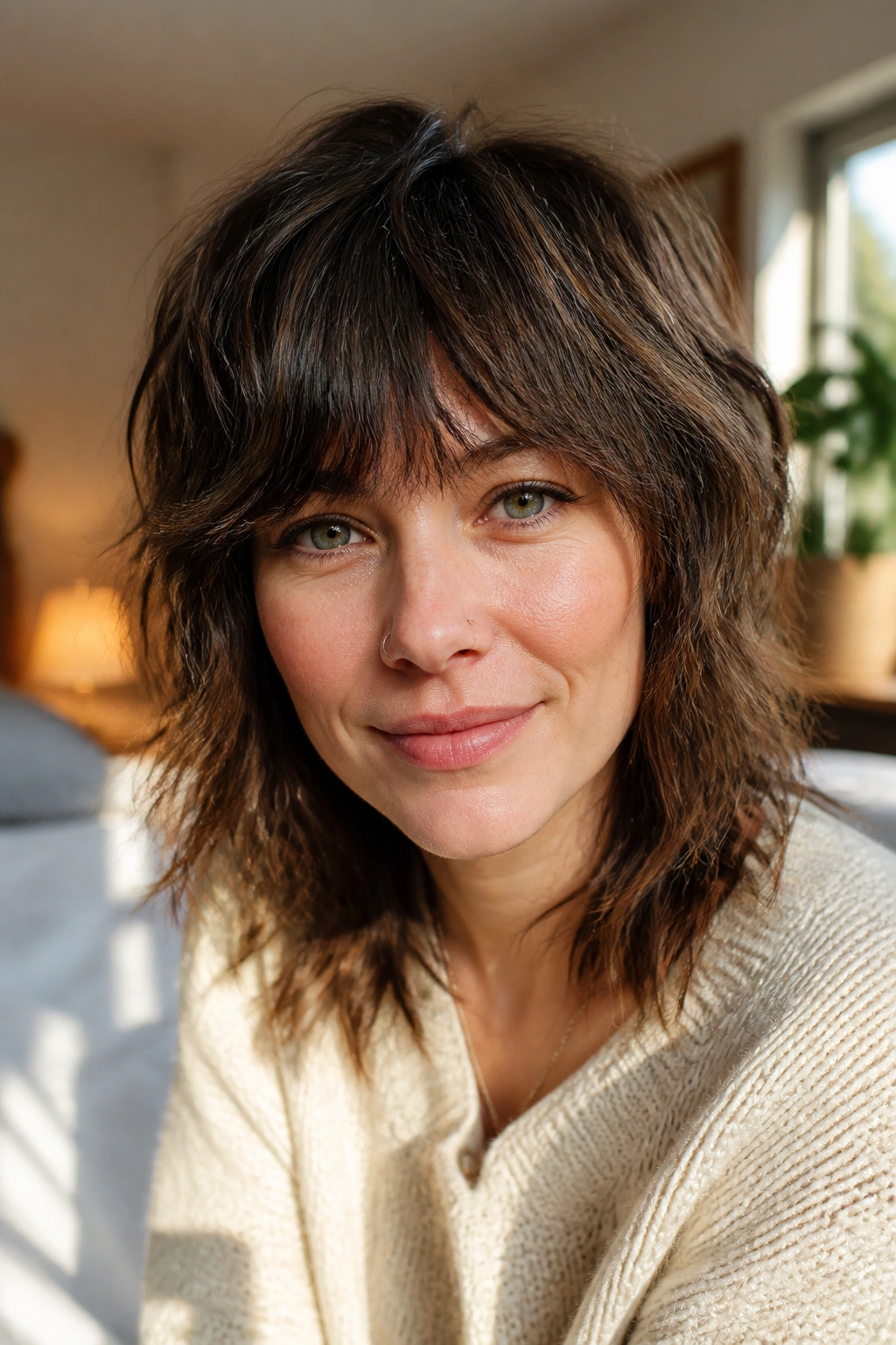 Close-up portrait of a woman with brow-skimming fringe shag, fringe grazing brows