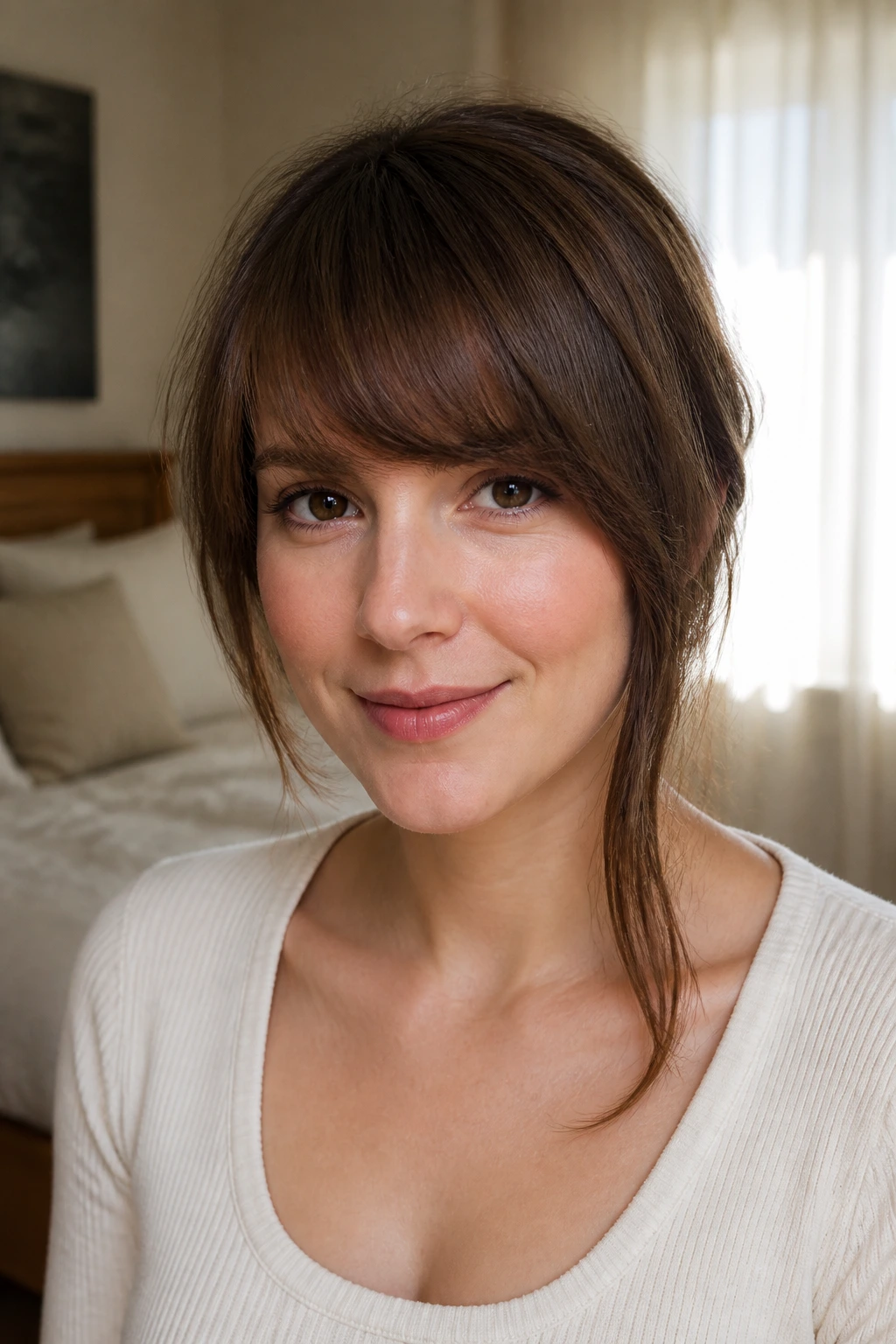 Close-up of a real woman with brow-skimming fringe and a longer temple piece under warm bedroom light