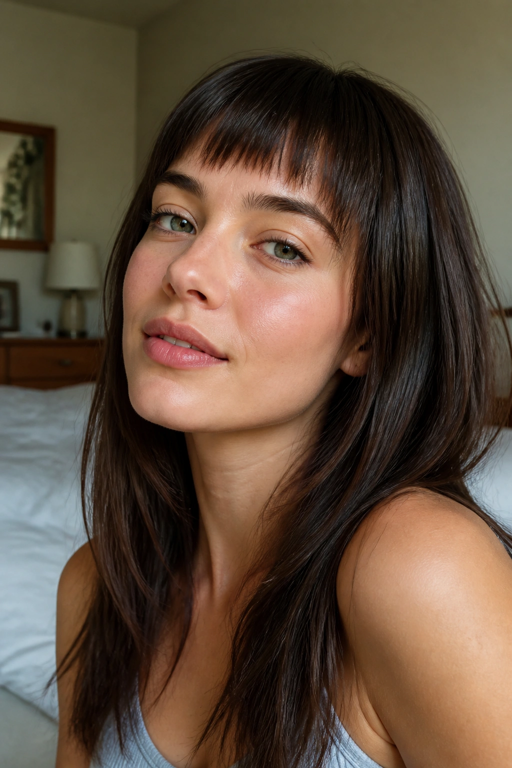 Close-up of a real woman with brow-skimming straight micro bangs just above the brow bone in warm window light