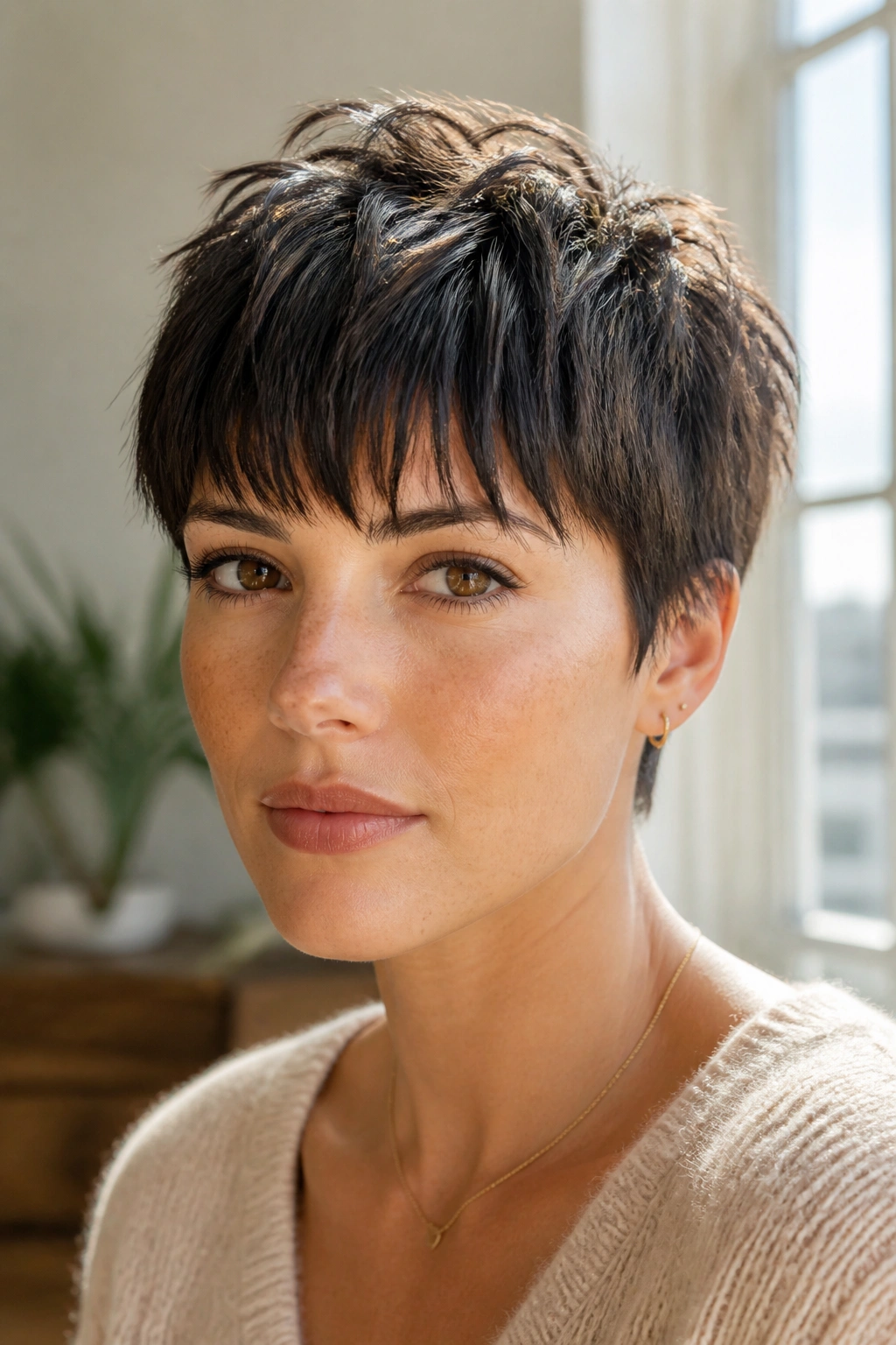 Close-up of a real woman with brow-skimming choppy pixie fringe in a sunlit room