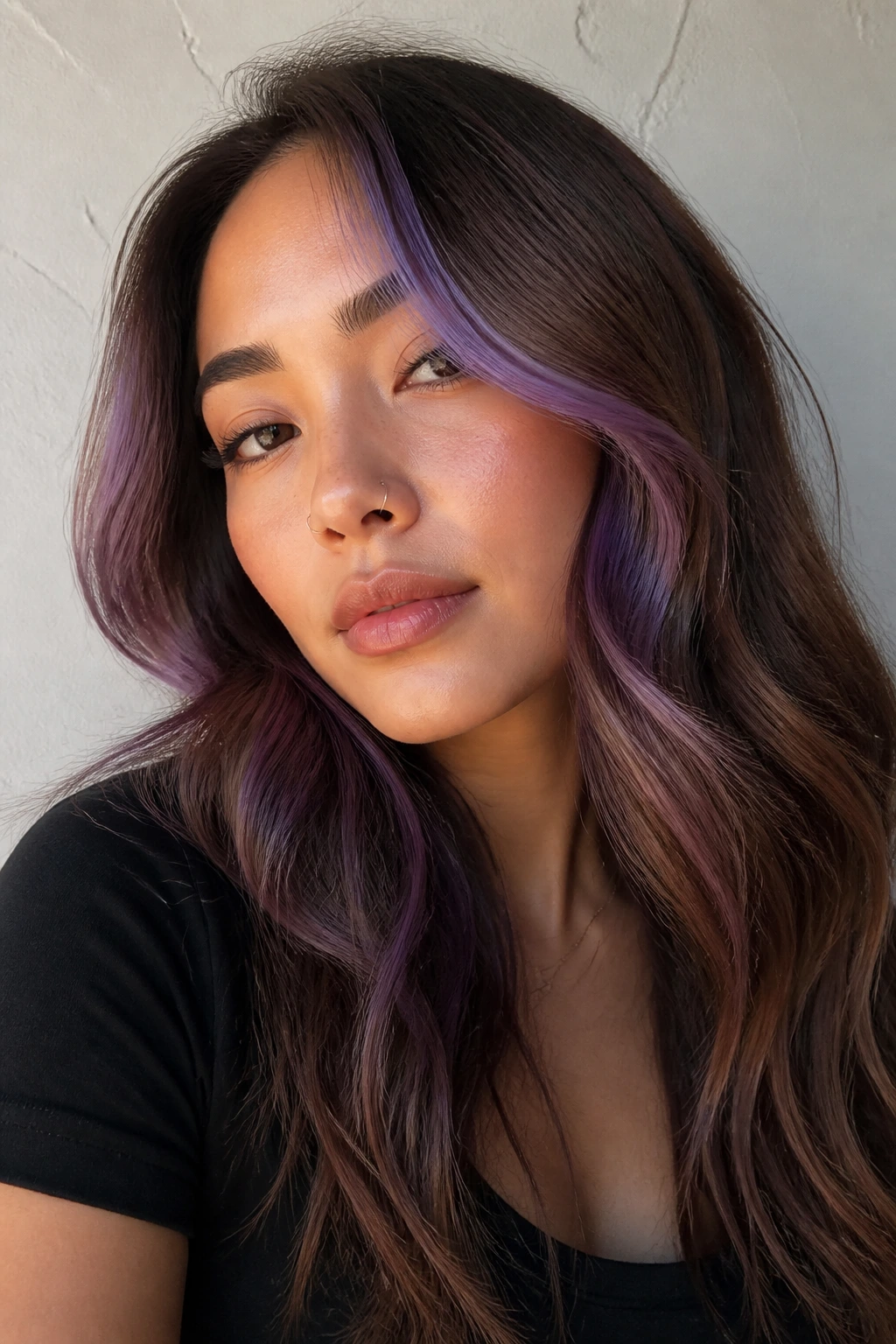 Close-up of a real woman with brown balayage and violet face-framing pieces around the cheeks in natural light.