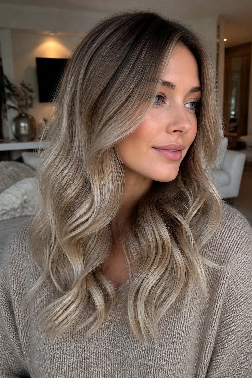 Close-up of a real person showing a seamless brunette-to-blonde melt with ash glaze