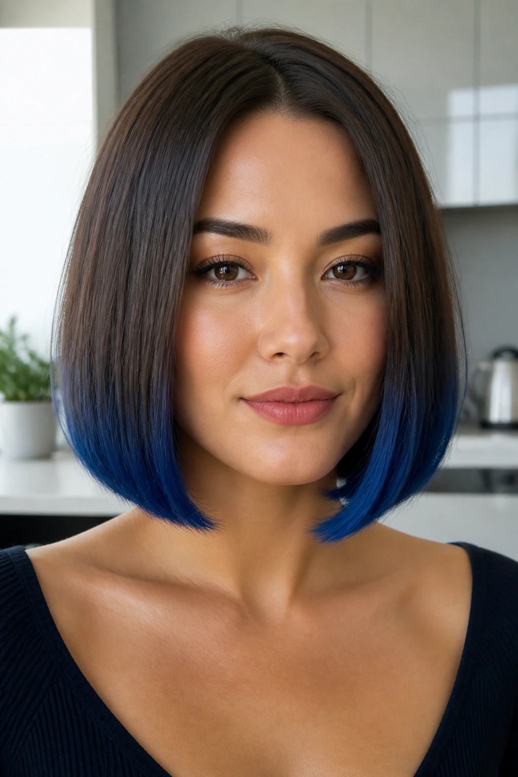 Brown bob hairstyle with cobalt ends at the bottom edge