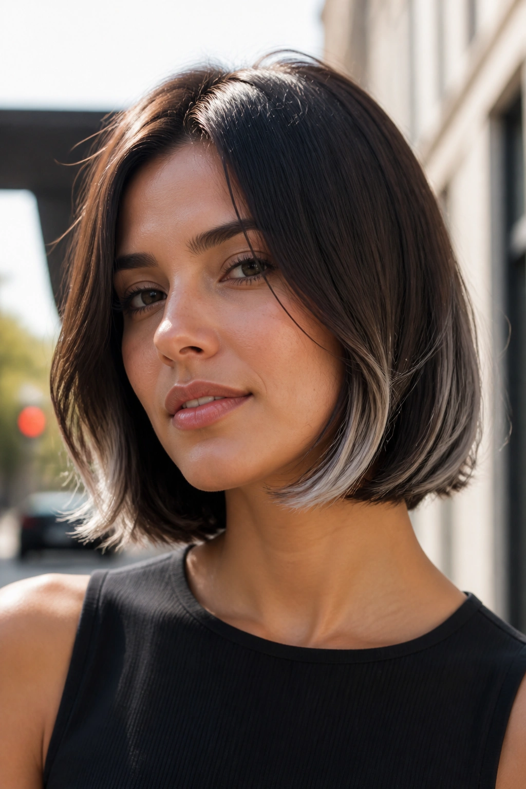 Brown bob with silver ribbon ends on a real person