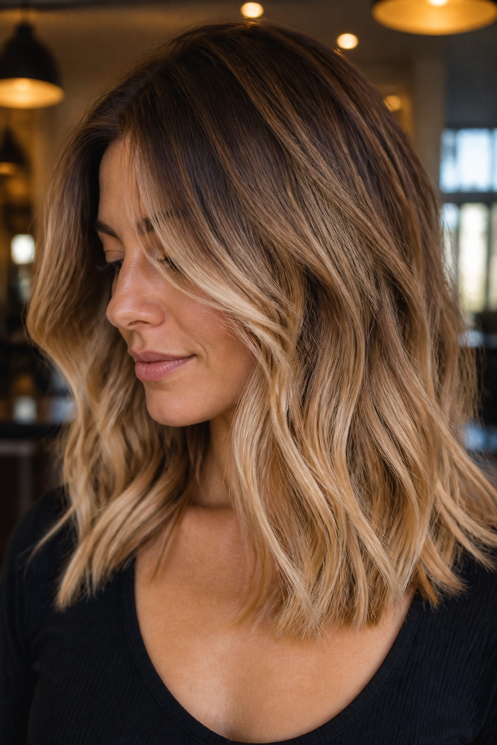 Close-up portrait of a real woman with brown butter ombré and creamy mid-lengths, warm salon lighting