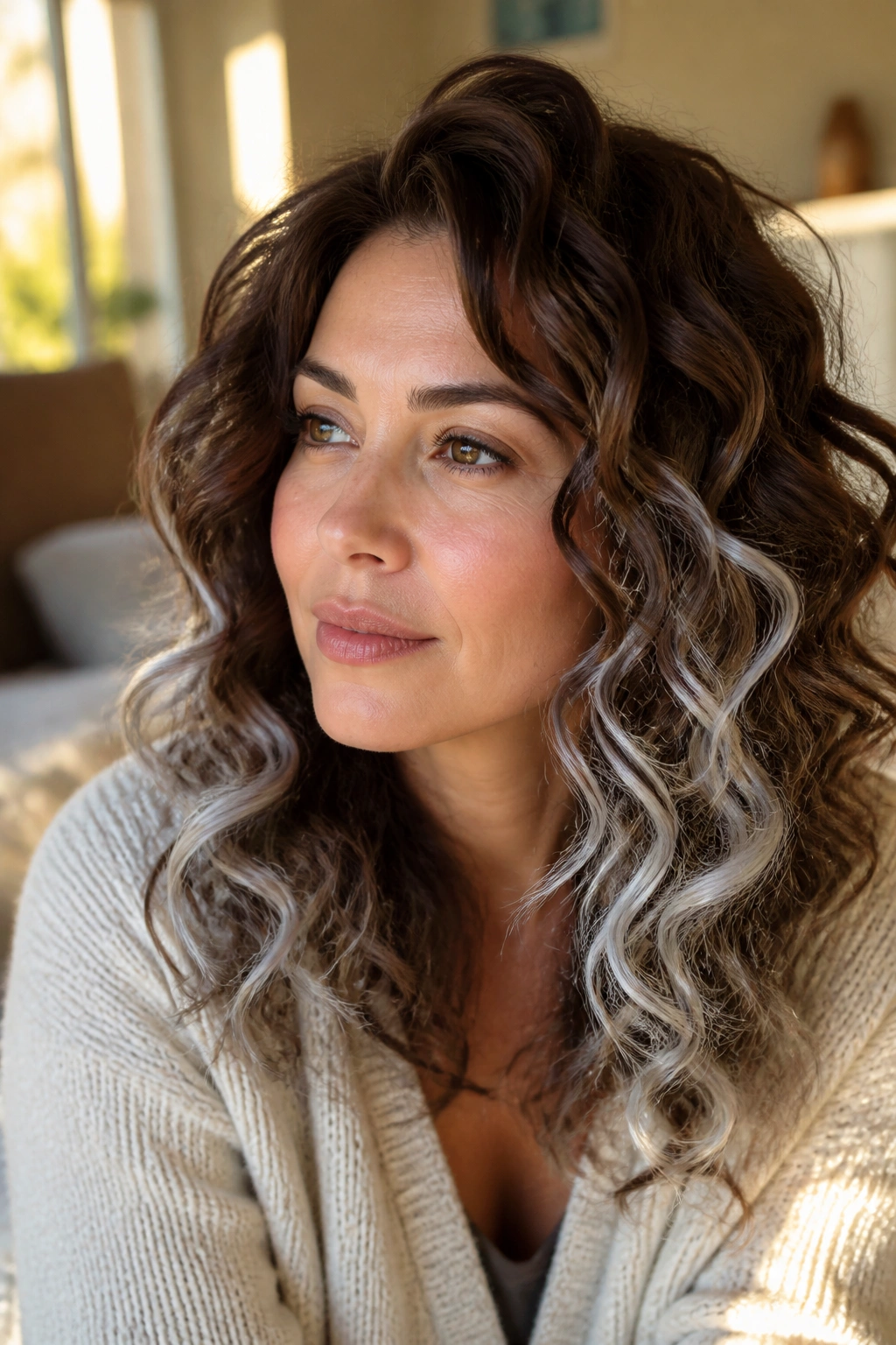Close-up of a real woman with tousled brown curls and snowy silver accents on outer curls