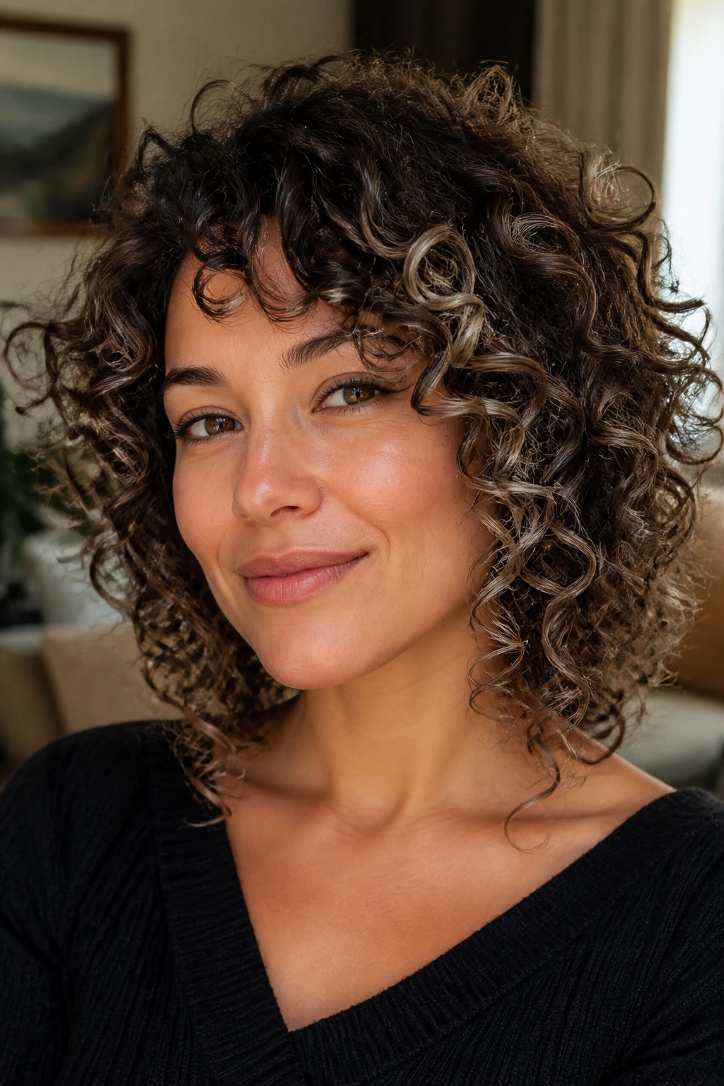 Close-up of brown curls with silver spiral accents on a real woman in a cozy room