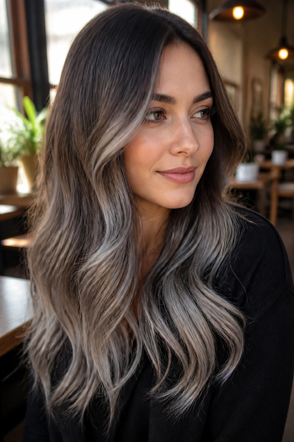 Long hair with brown roots fading to gray ends and soft root shadow