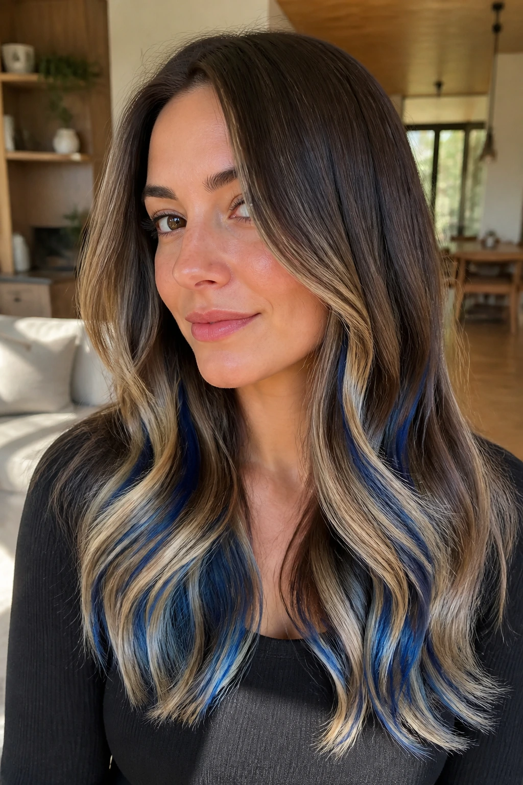 Brown hair with glossy blonde and blue highlights at the ends on a real person.