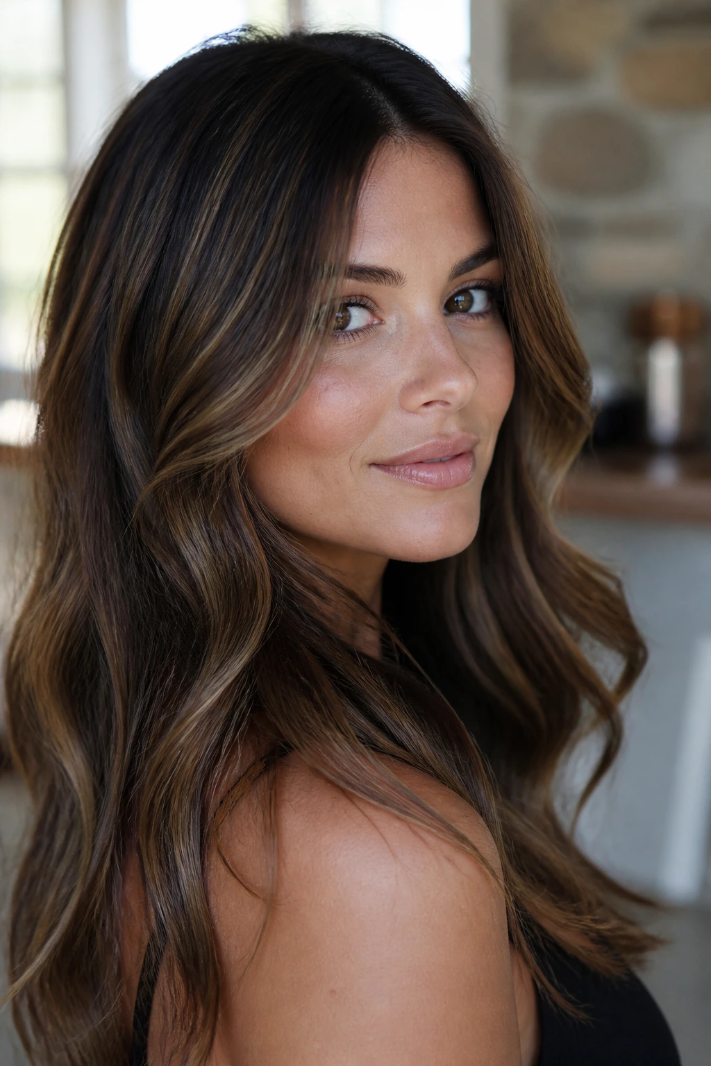 Brunette with babylights and brown lowlights creating depth and sparkle