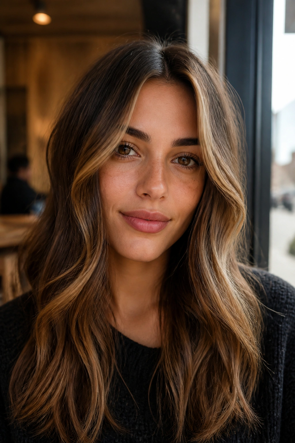 Close-up portrait of brown money-piece waves on a real woman