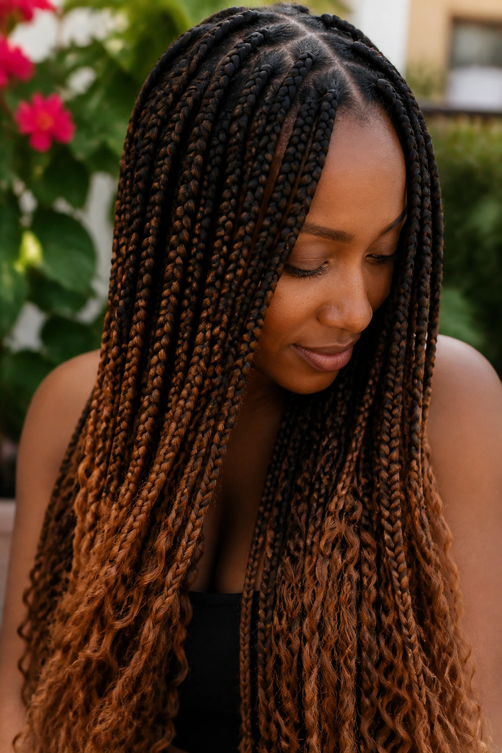 Close-up of a real person with brown ombre in braids