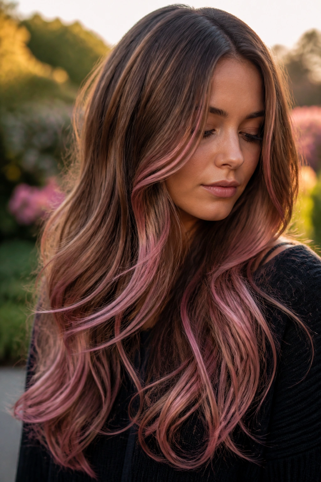 Close-up of brunette hair with fine pink ribbons in brown base