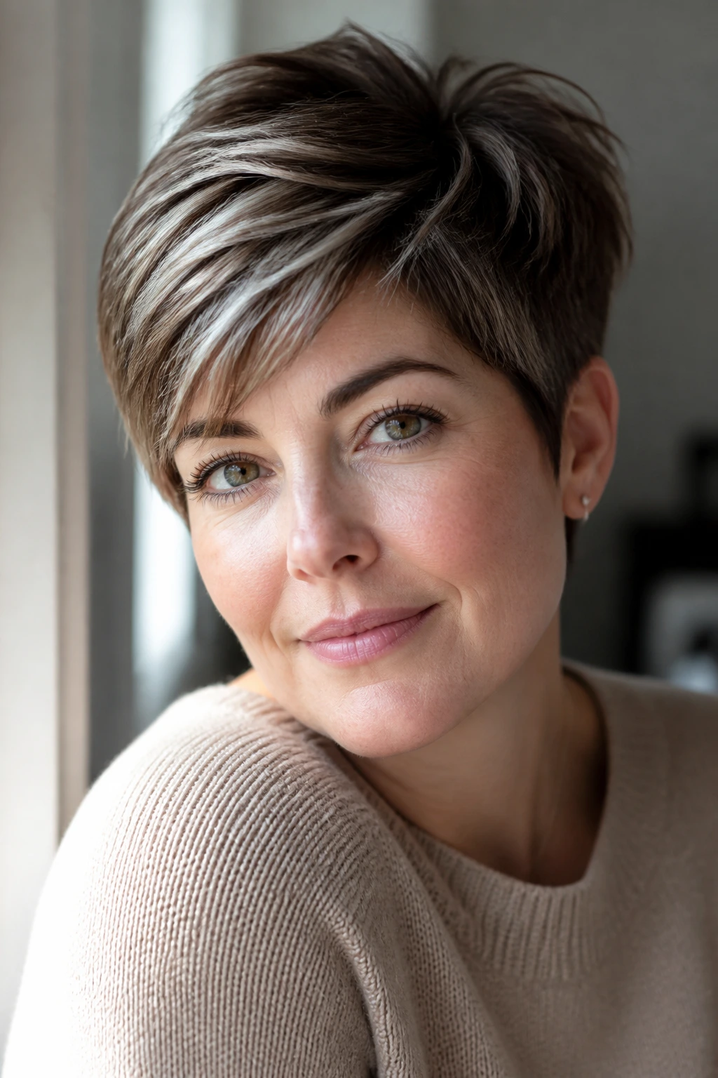 Close-up of a real person with a brown pixie and silver top layer in natural light.