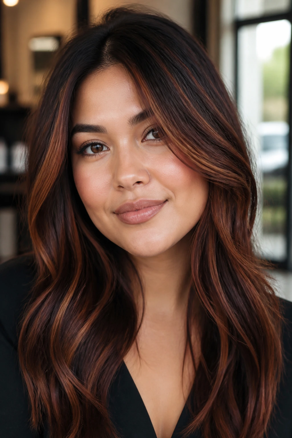 Close-up portrait of a real woman with dark brown hair and brown-red highlights sculpting a round face