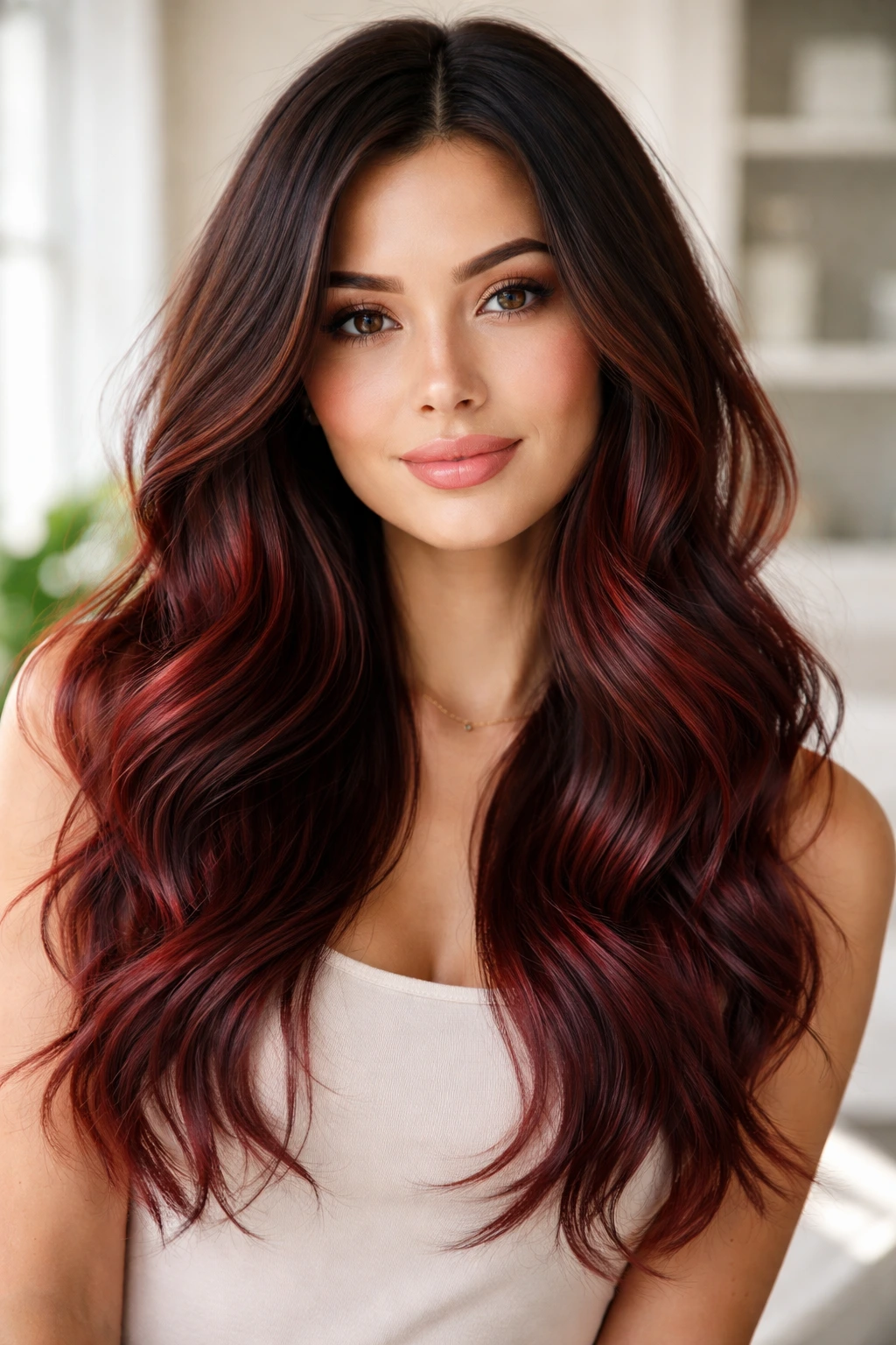 Glossy hair with natural brown roots and subtle red undertones.