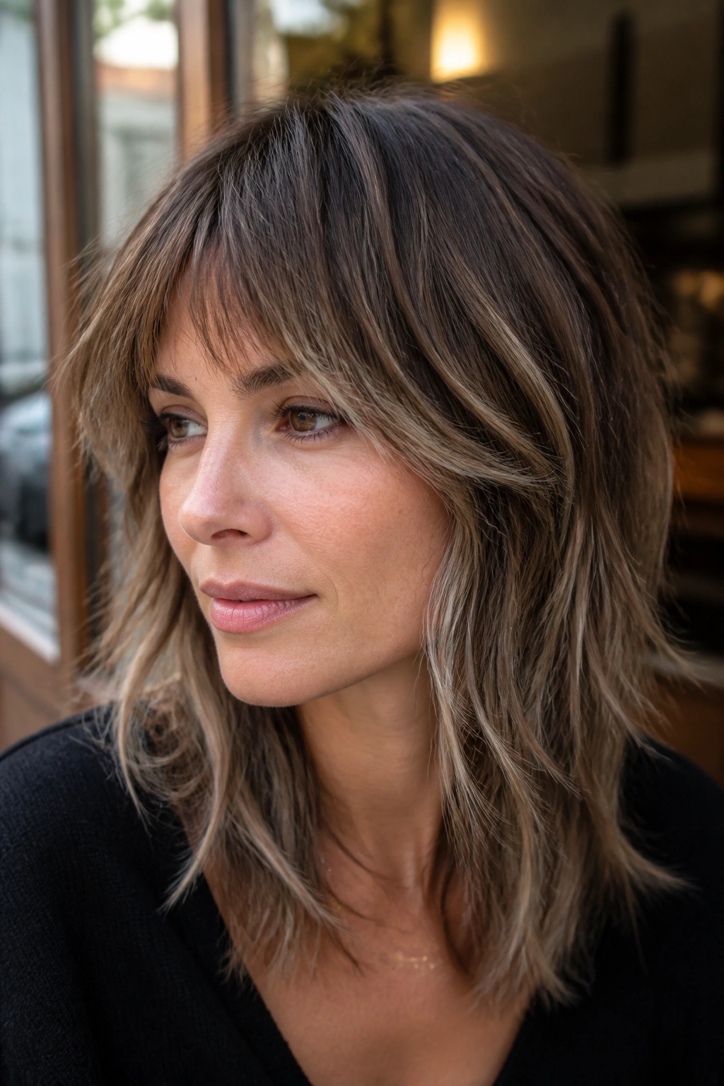 Real woman with brown shag and piecey silver rounds emphasizing texture.