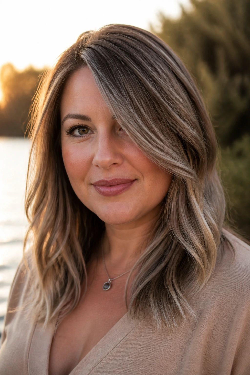 Multi-tonal brown-silver blend with side sweep on a real person