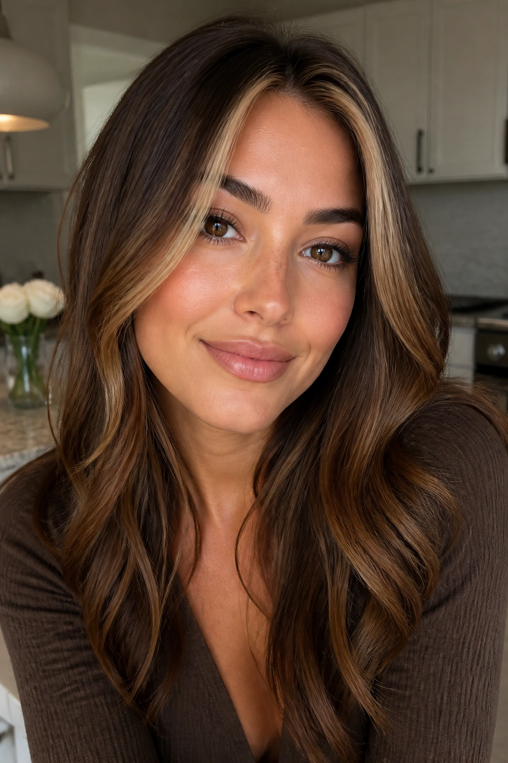 Close-up of a woman with brown sugar hair and a bright money piece in a warm kitchen